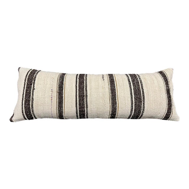 Turkish Hemp Pillow Cushion Natural Beige Black Cushion Cover 14"x40" For Sale