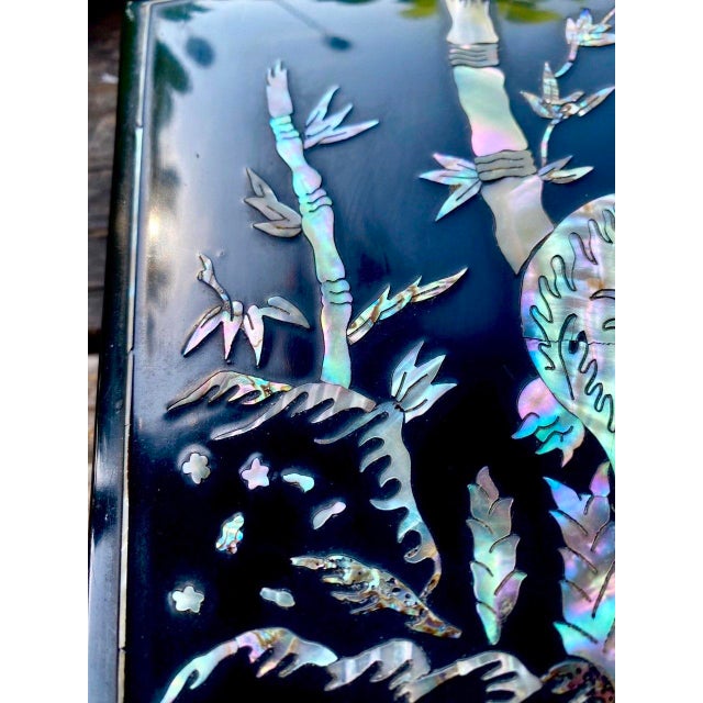 Wood Tiger Smoking Box & Ashtray Set Circa 1950 Korean Black Lacquer Mother-of-Pearl For Sale - Image 7 of 18
