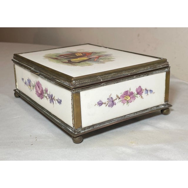 Antique 19th Century Hand Painted Porcelain Bronze French Faience Jewelry Box For Sale - Image 4 of 13
