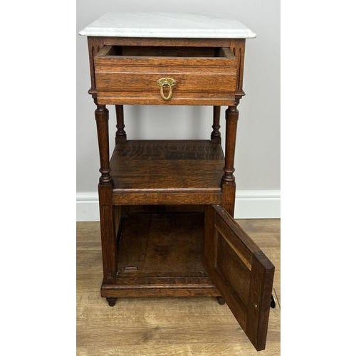 French Bedside Tables in Carved Oak with Marble Top, Set of 2 For Sale - Image 15 of 16