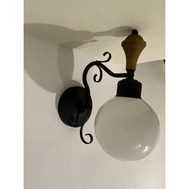Vintage Opal Glass Globe Wall Lamp with Wood Detail, Europe, 1970s For Sale - Image 6 of 16