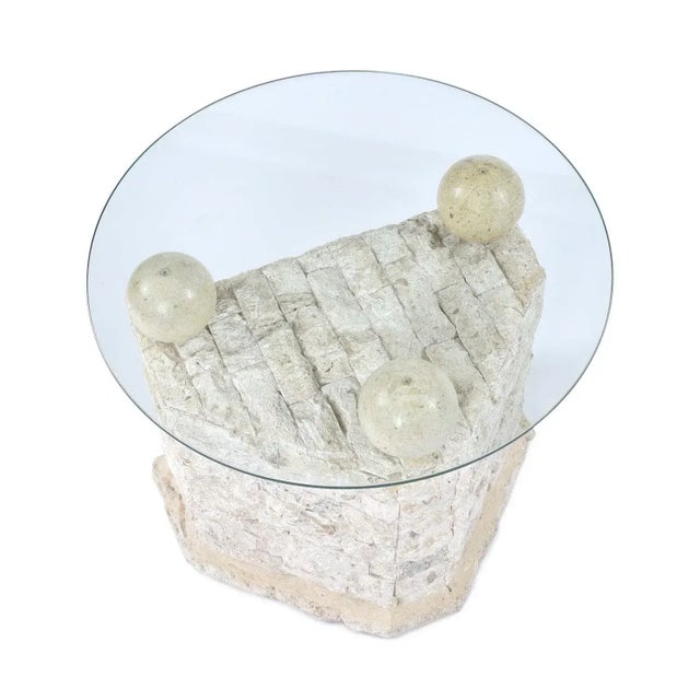 Pair of Tessellated Mactan Stone Side Tables With New Round Glass Tops For Sale - Image 6 of 13