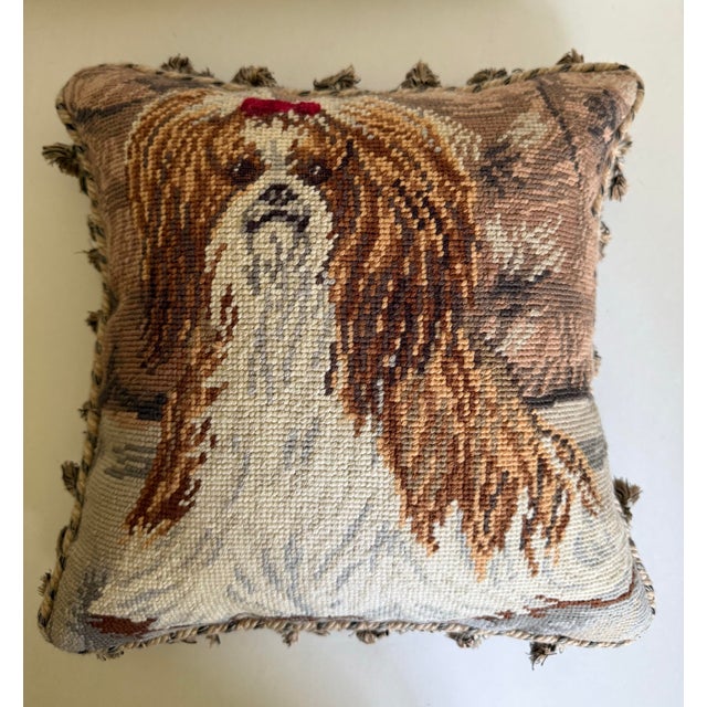 Late 20th Century Vintage Needlepoint Fringe Pillow of Shih Tzu Dog For Sale - Image 5 of 8
