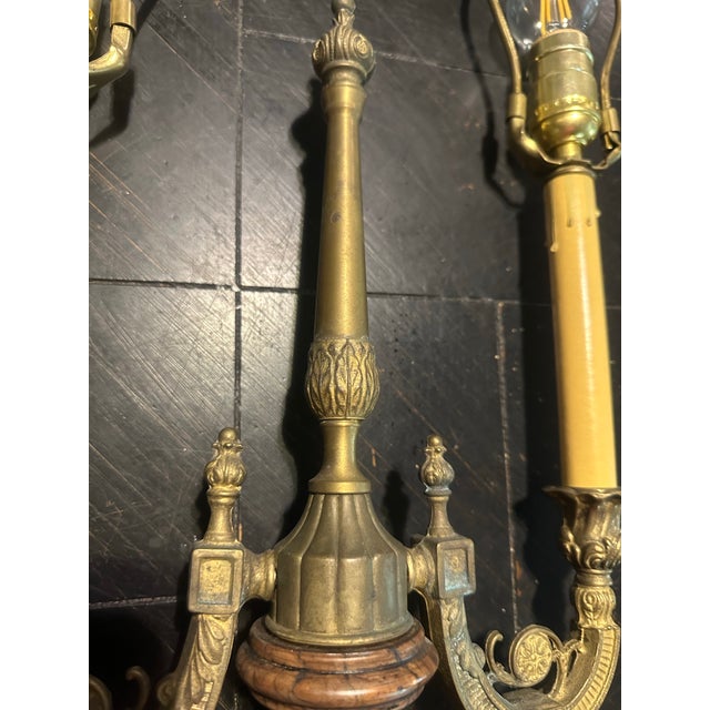 Brass Antique Brass and Marble Candelabra Table Lamp. French Louie XVI Style. For Sale - Image 8 of 12