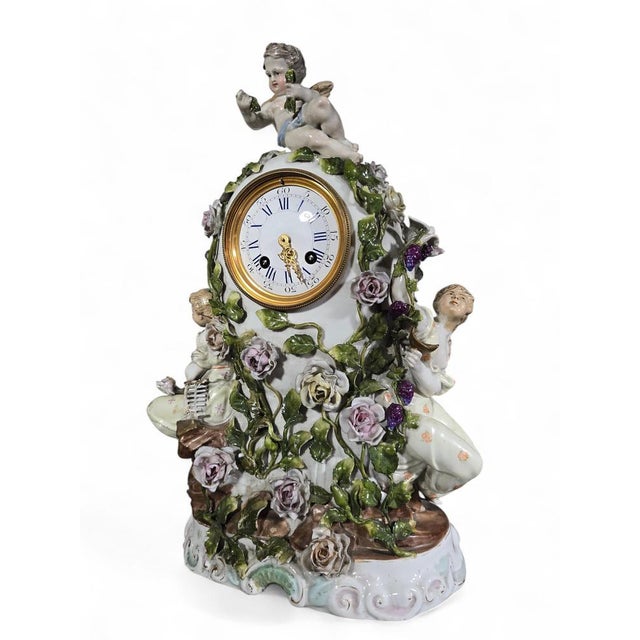 Antique German Porcelain Clock Garniture Set with Candelabra, 1890, Set of 3 For Sale - Image 4 of 15