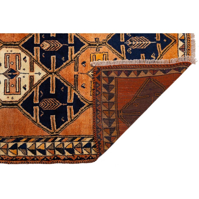 Turkish Mid-20th Century Vintage Turkish Oushak Runner Rug With Geometric Medallions in Burnt Orange and Indigo Blue For Sale - Image 3 of 9