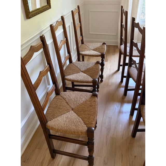 Set of Six Vintage French Oak Rush-Seat Dining Chairs For Sale In Atlanta - Image 6 of 8