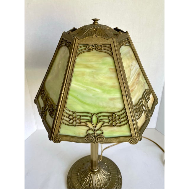 Green Antique Edward Miller E. M. Co. Green & Custard Slag Glass Table Lamp For Sale - Image 8 of 12