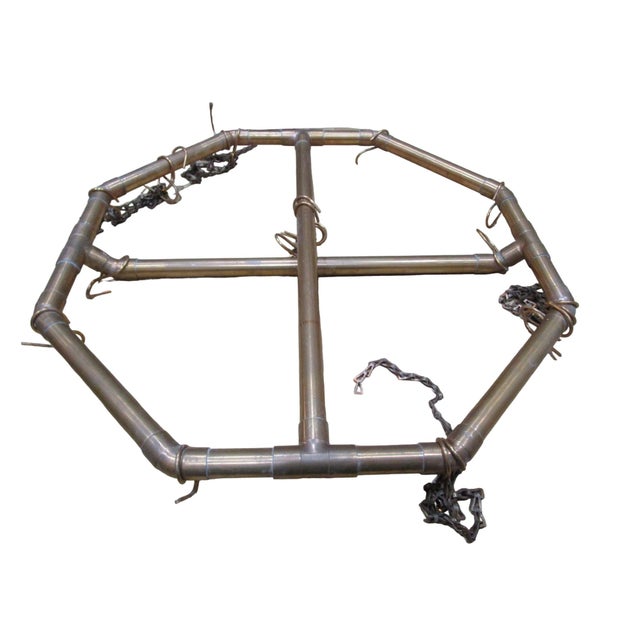 Copper Vintage 1970s Handcrafted Copper Pipe Octagon Pot Rack With Chains & Hooks For Sale - Image 8 of 12