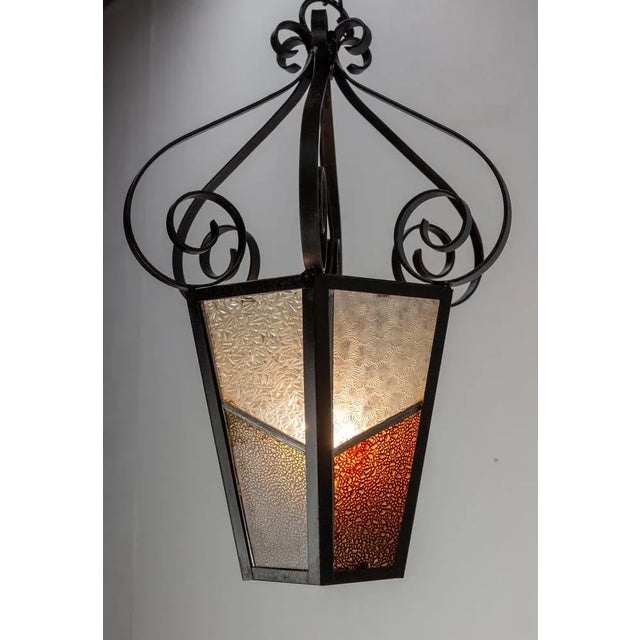 French Iron Textured & Colored Glass Ceiling Lamp Lustre Lantern, 1960s For Sale - Image 4 of 10