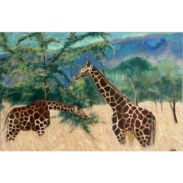 1980s Giraffe Painting by Cathe Hendrick For Sale