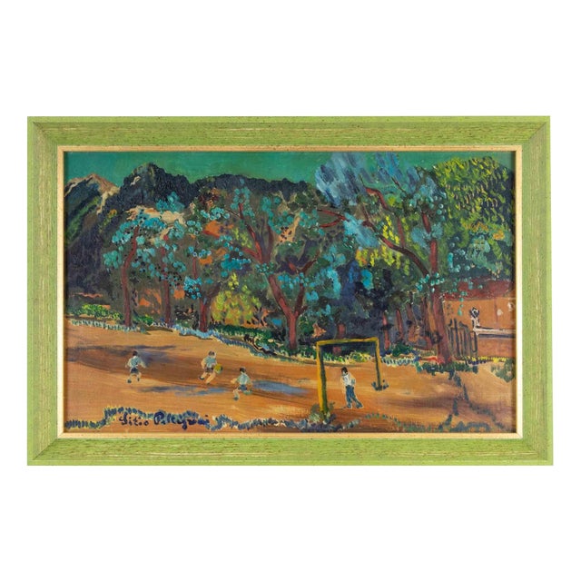 Sirio Pellegrini, Football Match, Oil Painting, 1970s For Sale