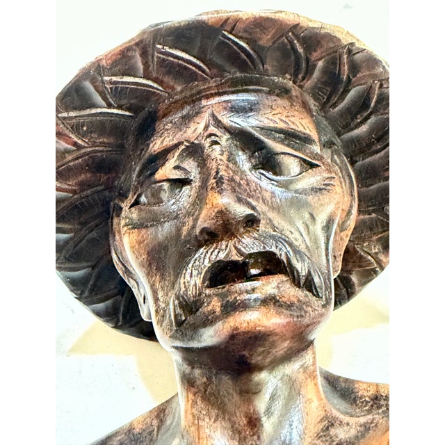 Wood Mid-Century Balinese Hand-Carved Wood Elderly Farmer Couple Busts, Pair For Sale - Image 7 of 12
