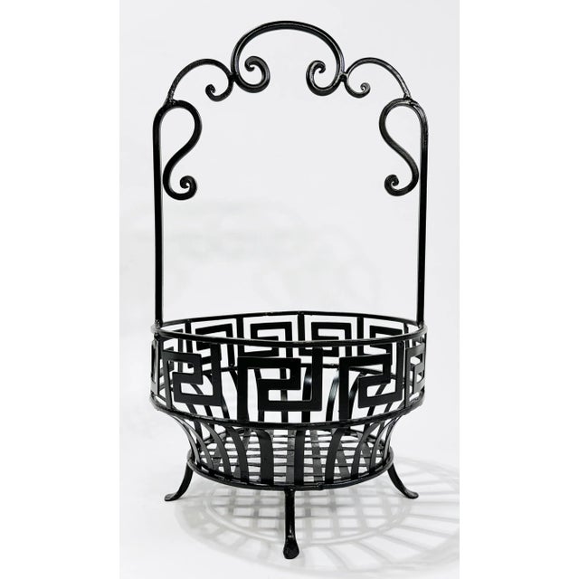 Vintage matte black iron basket with scroll handle and Greek Key detail. Footed. Would make an ideal fruit bowl, planter...