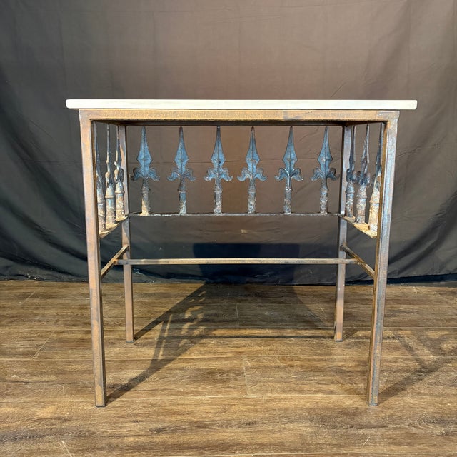 Antique French Wrought Iron Console Table With Marble Top | Balcony Railing Console For Sale - Image 9 of 11