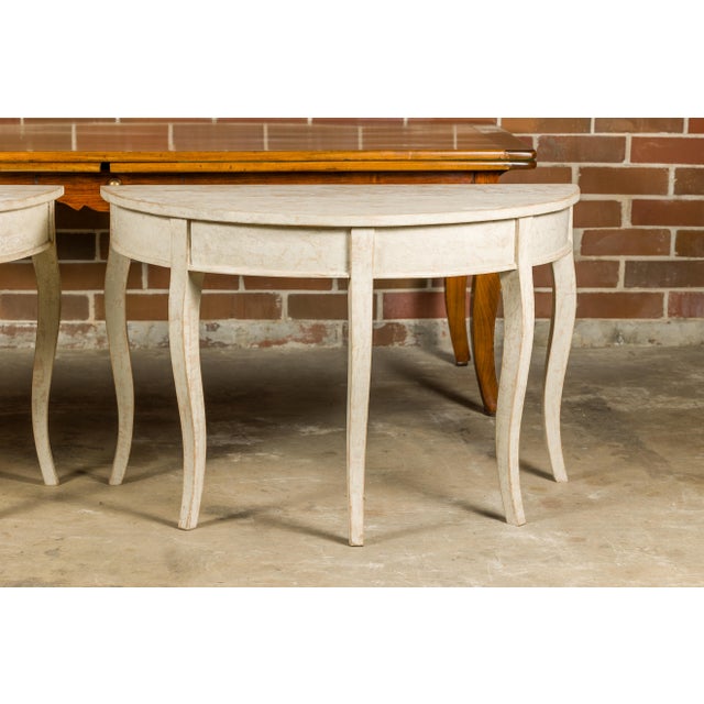 Wood Swedish 19th Century Painted Demilune Tables with Cabriole Legs, a Pair For Sale - Image 7 of 12