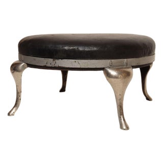 Art Deco Black Leather Footstool With Cabriole Cast Metal Legs For Sale