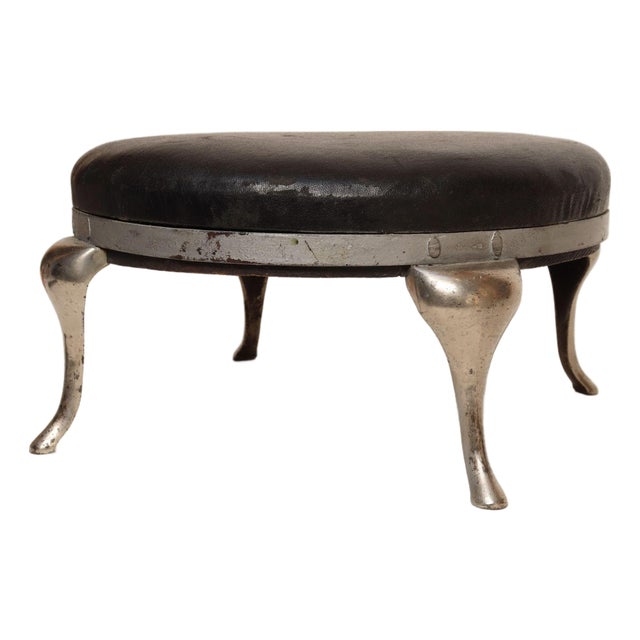 Art Deco Black Leather Footstool With Cabriole Cast Metal Legs For Sale