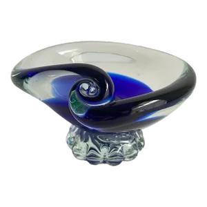 Vintage Murano Art Glass Dish Cobalt Blue Swirl Shell Pedestal Bowl Petite 3.25” Tall