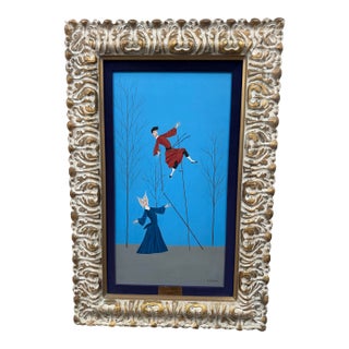 Large Mid-Century Italian Surrealist “Flying Priest” Painting by Veniero Canevari in Original B-Q Co. Frame For Sale