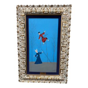 Large Mid-Century Italian Surrealist “Flying Priest” Painting by Veniero Canevari in Original B-Q Co. Frame