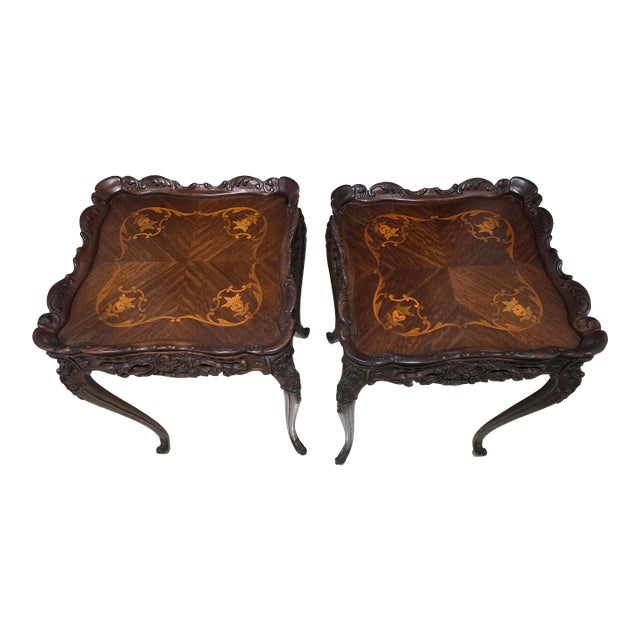 1940s Pair of Louis XV Style Marquetry Side Tables/End Tables French Rococo Revival For Sale