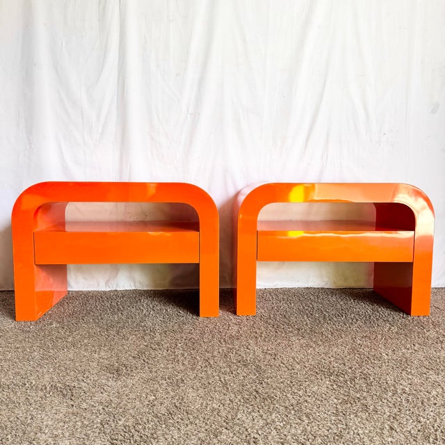 Wood Postmodern Tangerine Orange Lacquer Laminate Waterfall Nighstands/Side Tables For Sale - Image 7 of 8