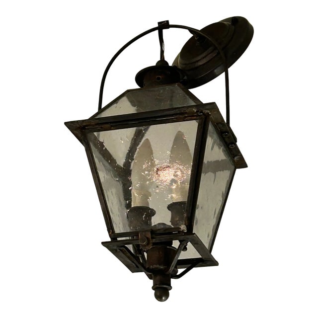 Vintage Black Metal & Seeded Glass Carriage Lantern For Sale