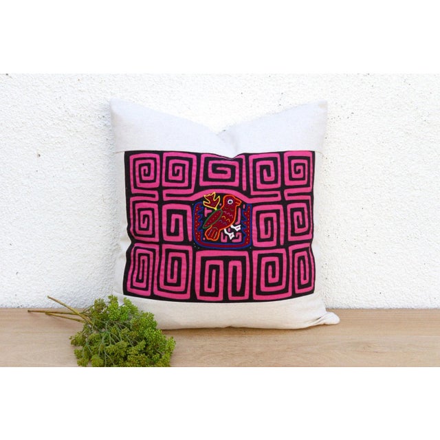 Pink & Black Mola, Vintage Kuna Applique Tribal Pillow For Sale - Image 9 of 9
