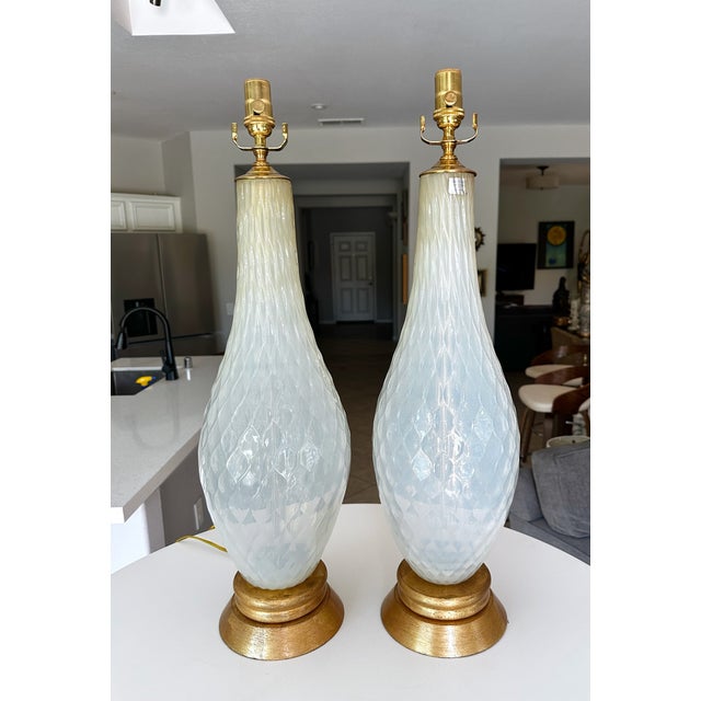 1950s Large Murano Opalescent Blue Gold Inclusions Table Lamps - a Pair For Sale - Image 11 of 18