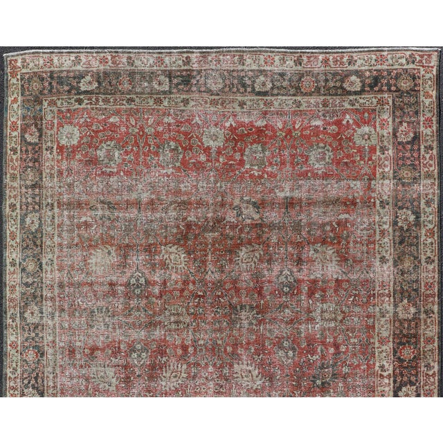 Traditional All-Over Floral Design Antique Persian Tabriz Rug in Faded Red & Charcoal Tones For Sale - Image 3 of 15