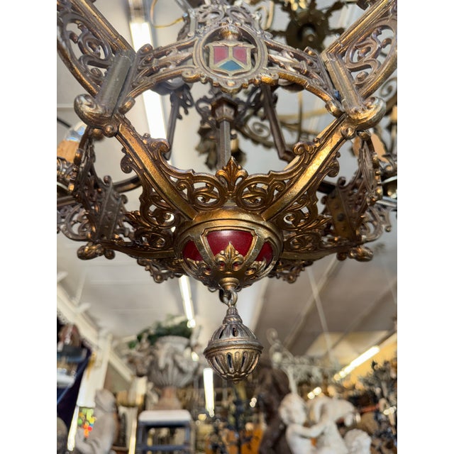 Metal 1920s Spanish Revival Chandelier With Heraldic Crest For Sale - Image 7 of 12