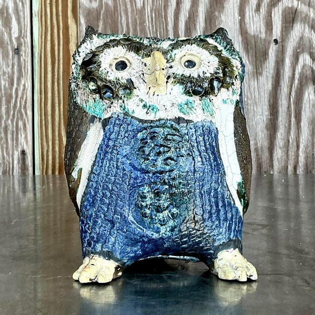 Blue Vintage Boho Signed Studio Pottery Owls - Set of 2 For Sale - Image 8 of 12