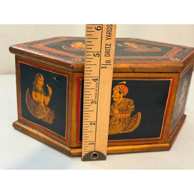 Vintage Hexagonal Hand Painted Wooden Indian Box Hidden Compartments For Sale - Image 4 of 12