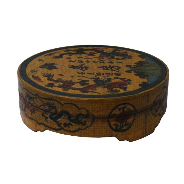Chinese Distressed Yellow Characters Graphic Round Shape Box For Sale - Image 4 of 8