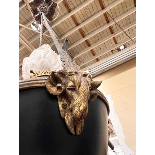 Metal French Empire Style Rococo Detail Hanging Pendant Light Featuring Rams Heads For Sale - Image 7 of 13