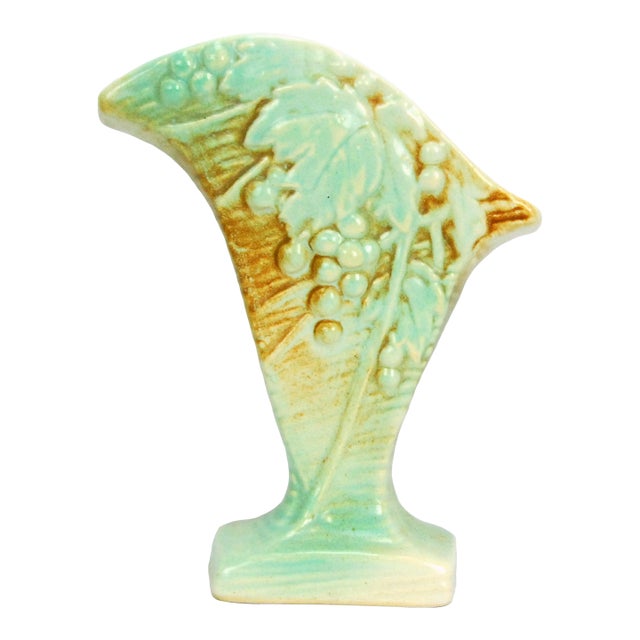 Vintage McCoy Pottery Grapes & Leaves Fan Vase 1940s Rustic Line Green Brown For Sale