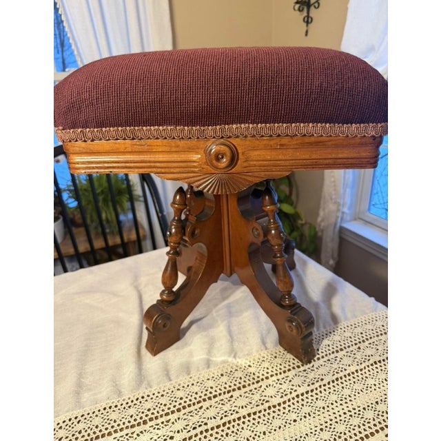 Victorian Antique 1800s Needlepoint Upholstery Piano Stool Swivel Seat Rare Carved Wood For Sale - Image 3 of 12