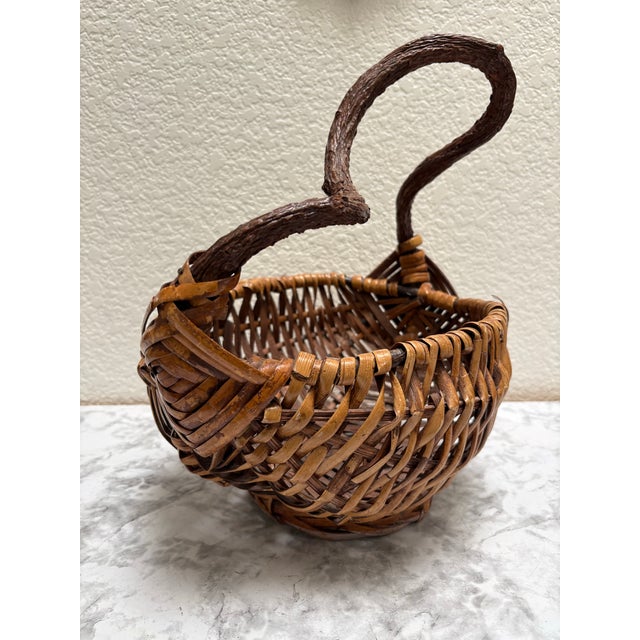 Tan Vintage Asian Rustic Decor Basket With Branch Handle For Sale - Image 8 of 8
