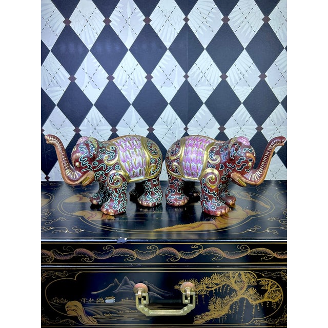 1980's Pair Decorative Ceramic Elephant Figurines in Burgundy, Pink & Gold Chinoiserie, Export Marks For Sale - Image 15 of 16
