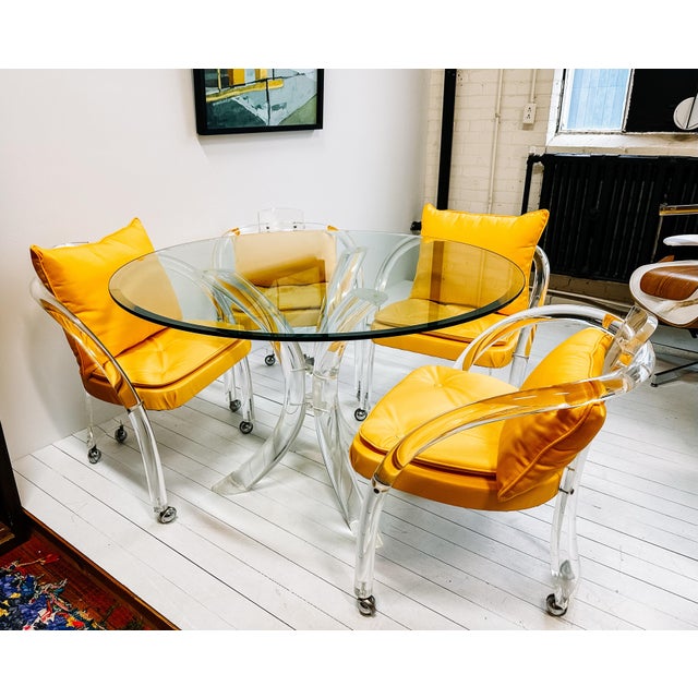 1970s Charles Hollis Jones 1970s Style Lucite Game or Breakfast Table and 4 Chairs in Yellow Upholstery For Sale - Image 5 of 11