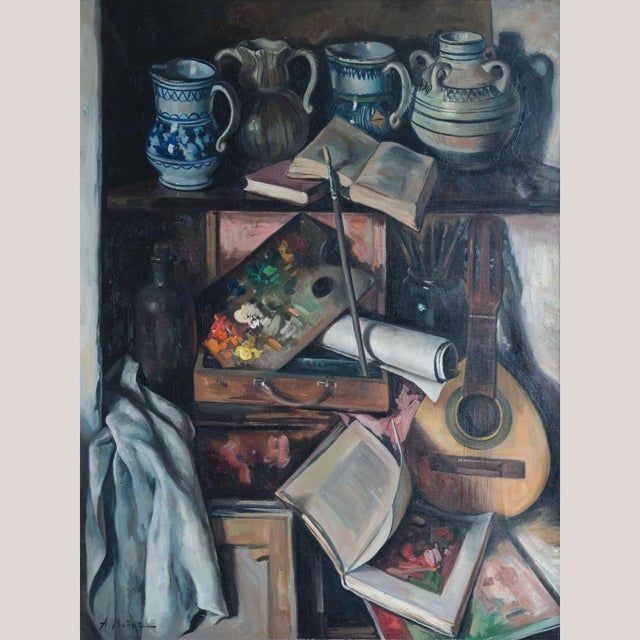 Alberto Muñoz Boquera, Still Life with Guitar and Books, 1950s, Oil on Canvas For Sale - Image 13 of 13