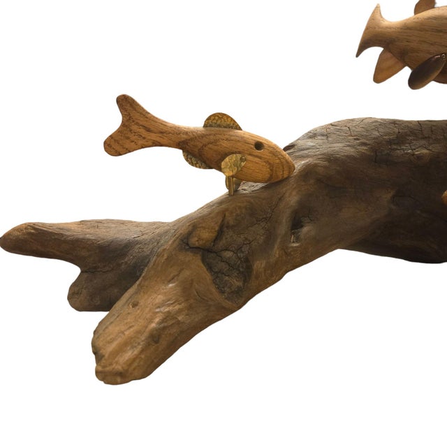 1980s Wooden Fish Sculpture on Driftwood Carving Large Rustic Fishing ...