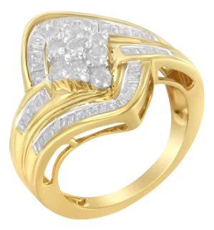 10K Yellow Gold over .925 Sterling Silver Diamond Bypass Cluster Ring (1 Cttw, I-J Color, I2-I3 Clarity) - Size 7-3/4