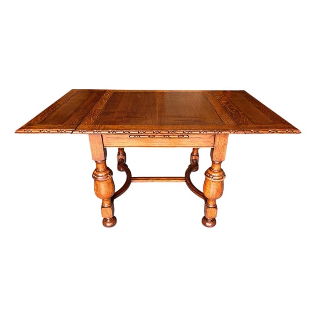 1925 Ornate Jacobean / Elizabethan Revival Period Draw Leaf Table - Beautiful Solid Quarter Sawn Oak For Sale