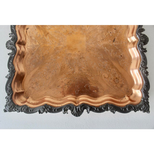 Mid 20th Century Vintage Ornate English Copper Pewter Square Engraved Platter Footed For Sale - Image 5 of 16