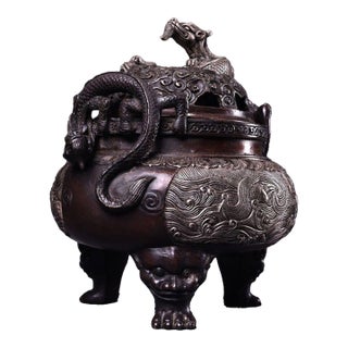 Bronze Silver-Washed Dragon Tripod Censer — High Relief Lidded Incense Burner For Sale