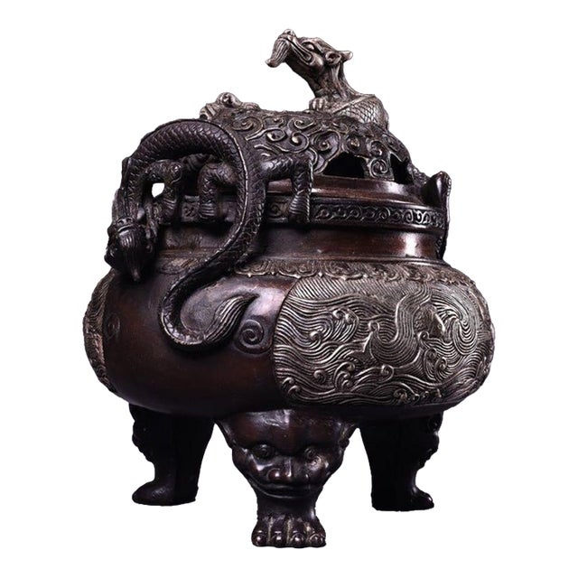 Bronze Silver-Washed Dragon Tripod Censer — High Relief Lidded Incense Burner For Sale
