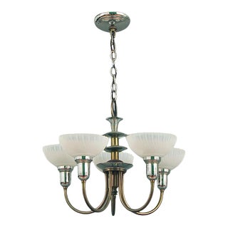 American Modernist Art Deco Machine Age Brass & Chrome Five Lights Chandelier For Sale