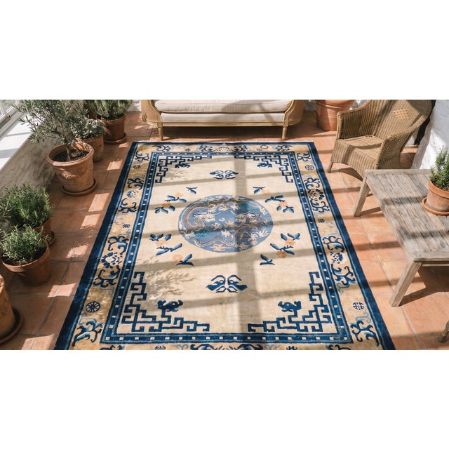 Textile 1880s Beige Medallion Antique Chinese Ningxia Rug 6' 0" X 8' 6" Handknotted Wool Carpet For Sale - Image 7 of 8